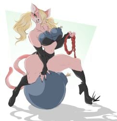 abstract_background animal_ears animal_nose anthro big_breasts black_bra black_legwear black_miniskirt black_nails blonde_hair bomb bomberman bomberman_(series) bomberman_hero boots breasts breasts_covered cat_ears cat_humanoid catgirl dullvivid exaggerated_anatomy fangs feline feline_humanoid female fingerless_arm_sleeves furry furry_only hair_over_one_eye hidden_breasts miniskirt natia natia_(bomberman) pigtails pink_fur platform_boots simple_background solo solo_female solo_focus striped_tail tagme tail thick_thighs thin_waist tsurime whip wide_hips