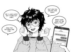 2boys black_and_white chat chatting dialogue dubious_consent english english_text femboy foreshadowing gay girly glasses handcuffs imminent_penetration imminent_rape imminent_sex kei_(zincubis) male_only open_mouth smartphone tagme trap yaoi zincubis