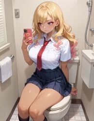 ai_generated big_breasts blonde_hair breasts gyaru historyia holding_phone makeup original original_character phone school_uniform tan_skin