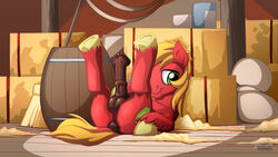 16:9 animal_genitalia animal_penis apple ass balls big_macintosh_(mlp) cutie_mark detailed_background dock earth_pony equid equine equine_anus equine_penis erection feral flared_penis food friendship_is_magic fruit fur genitals green_eyes hair hasbro hi_res horse legs_up looking_at_viewer lying male male_only mammal my_little_pony mysticalpha nude on_back on_ground orange_hair orange_tail penis plant pony red_body red_fur signature solo text url widescreen