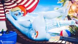 3d 3d_(artwork) 4k anthro arm_behind_head armpit beach beach_ball blender_(artwork) blender_(software) blue_body casual equine_penis furry futa_only futanari hand_on_hip horsecock intersex my_little_pony nonsexual nonsexual_nudity nudist rainbow_dash_(mlp) screwingwithsfm wearing_sunglasses