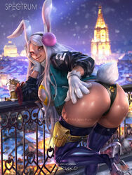 1girls ass ass_cheeks ass_focus balcony bare_ass big_ass big_breasts big_butt bunny_ears bunny_girl bunny_tail christmas city_background city_lights dark-skinned_female dark_skin detailed_background female female_focus female_only gloves hawks_(my_hero_academia) keigo_takami large_breasts long_hair looking_at_viewer looking_back miruko my_hero_academia pinup red_eyes revealing_clothes round_ass rumi_usagiyama smile smiling snow stockings suggestive tanned_skin thong white_fur white_hair winter yam_spectrum