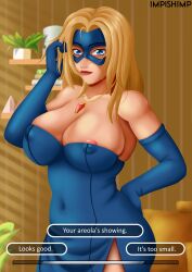 big_breasts blonde_blazer blonde_hair digital_art digital_drawing_(artwork) dispatch_(game) fanart female gameplay_mechanics impish3d impishimp nipple_slip superhero superheroine text
