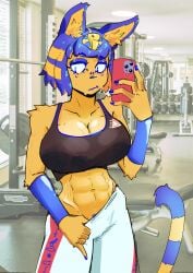 1girls abs animal_crossing ankha ankha_(animal_crossing) anthro anthro_only big_breasts blue_hair breasts cat_girl crop_top cupperexe exercise female furry gym gym_bottomwear gym_clothing gym_topwear large_breasts pubic_hair pulling_clothing tagme yellow_fur yoga_pants