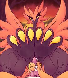 1boy 1girls 3_toes 4_toes absurd_res animal_genitalia avian beak bird bodily_fluids charizard claws cloaca dragon duo faceless_male feet female female_focus feral foot_fetish foot_focus galarian_thunder galarian_zapdos genital_fluids genitals hi_res lizardon lying male male/female masturbation nintendo nude on_back patohoro pokemon pokemon_(species) pokemon_on_pokemon presenting solo_focus talons thunder_(pokemon) toe_claws toes video_games zapdos