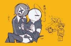 2boys clothing hoodie humanoid japanese_text looking_at_another male male_only nintendo_switch noctal orange_background original original_character playing_videogame simple_background stickfigure stickman thighhighs underwear