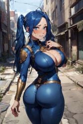 1girls ai_generated big_ass big_breasts blue_hair cleavage fallout league_of_legends looking_at_viewer looking_back looking_over_shoulder ornament solo solo_female solo_focus sona_buvelle tagme tagme_(artist) twintails vault_dweller vault_girl vault_suit