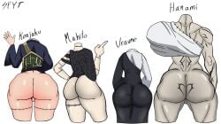 2023 3boys ass ass_chart ass_comparison back_view big_ass big_butt bottomless butt fat_ass fat_butt femboy fully_clothed gay hanami_(jujutsu_kaisen) huge_ass huge_butt jujutsu_kaisen kenjaku mahito_(jujutsu_kaisen) male naked shadowguynsfw tattoo text thick_ass thick_butt trap uraume wispernsfw