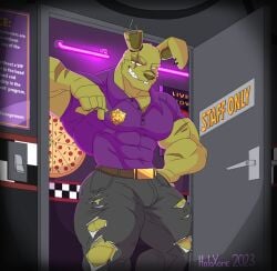 anthro clothed clothing five_nights_at_freddy's furry green_body holoxone humanoid looking_at_viewer male male_only muscular muscular_male rabbit ripped_pants solo solo_focus springtrap springtrap_(fnaf)