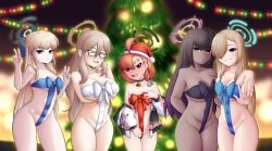 5girls akane_(blue_archive) almost_naked alternate_costume angry angry_face arms_behind_back asuna_(blue_archive) big_breasts blonde_hair blue_archive blue_eyes breasts choker christmas christmas_outfit christmas_tree cleaning_&amp;_clearing_(blue_archive) dark-skinned_female ear_piercing female female_only glasses grabbing_own_breast halo hi_res highres karin_(blue_archive) konanexe light-skinned_female medium_breasts millennium_science_school_student multiple_girls neru_(blue_archive) nipple_bulge nipples nipples_visible_through_clothing peace_sign pussy red_eyes ribbon ribbon_bondage santa_hat small_breasts smile thick_thighs thighs toki_(blue_archive) wide_hips yellow_eyes