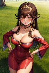 accessory ai_generated blush brown_hair clothing diadem egyptian_female huge_breasts long_hair looking_at_viewer navel sephiaton955 sera_(yu-gi-oh!) smile thick_thighs tunic voluptuous yu-gi-oh! yu-gi-oh!_the_dark_side_of_dimensions