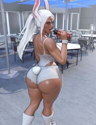 ass big_ass big_breasts bunny_ears bunny_girl bunny_tail dark-skinned_female dark_skin dat_ass huge_ass huge_breasts looking_at_viewer looking_back miruko my_hero_academia popogori red_eyes rumi_usagiyama shorts thick_thighs white_eyebrows white_hair wide_hips