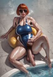 ai_generated armpit_hair aunt briang1748 futanari ginger_hair hyper_penis imminent_oral looking_at_viewer looking_pleasured original_character poolside pubic_hair sunglasses swimsuit swimsuit_aside tanning thick_ass thick_thighs