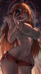 1girls big_breasts black_background chainsaw_man crop_top feline glowing_eyes grey_crop_top hair hair_over_one_eye holding holding_object holding_phone horn horns hourglass_figure long_hair meowy_(chainsaw_man) midriff mirror_selfie nipples nipples_visible_through_clothing orange_hair power_(chainsaw_man) pubic_hair red_aura red_eyes red_shorts shorts slim slim_waist solo solo_female solo_focus suggestive tongue tongue_out wersman