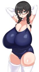 :o angry armpits arms_behind_head armwear big_breasts black_hair blush_lines braided_twintails cameltoe competition_swimsuit enormous_breasts gigantic_breasts glasses gloves green_eyes highres huge_breasts hyper_breasts large_breasts nerdy_female nose_blush original school_swimsuit skindentation sukumizu thick_thighs thighhighs twintails unamused voldred2525 white_background wide_hips