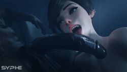 1boy 1girls 3d big_penis blizzard_entertainment brown_hair dark-skinned_male dark_room ear_piercing fellatio female hazel_eyes interracial licking licking_penis looking_at_partner no_penetration open_mouth oral overwatch overwatch_2 smile syphe tongue tongue_on_penis tongue_out tracer