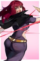 1girls artist_signature ass back big_ass black_cape cape clothed clothed_female facial_mark facial_tattoo female female_only fire_emblem fire_emblem_engage hair_ornament holding holding_knife knife long_hair looking_at_viewer looking_back nintendo puzzled_artist red_hair side_cutout solo star star_(symbol) star_hair_ornament tattoo weapon yunaka_(fire_emblem)