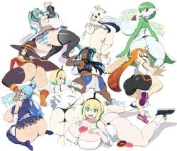 8girls amano_pikamee animal_humanoid anthro aqua_(konosuba) armband ass belly_chain black_hair blonde_hair blue_eyes blue_hair blue_panties blue_striped_panties boots breasts cephalopod cephalopod_humanoid crossover dark-skinned_female dark_skin ear_piercing earrings female female_only food game_freak gardevoir genshin_impact green_eyes green_hair gym_leader hat hatsune_miku heel_boots hoop_earrings huge_ass huge_breasts humanoid inkling kaori_(splatoon) kono_subarashii_sekai_ni_shukufuku_wo! light_blue_panties light_skin mask_(marking) megumin multiple_girls nessa_(pokemon) nintendo orange_eyes orange_hair paimon_(genshin_impact) panties pointy_ears pokemon pokemon_(species) pokemon_rse pokemon_ss red_eyes shoes shorts shortstack sinensian socks spats splatoon squid striped_panties tentacle tentacle_hair thick_thighs thigh_boots thighhigh_boots thighhighs thong virtual_youtuber vocaloid voms_project white_background witch_hat