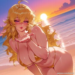 ai_generated balecxi yang_xiao_long rwby 1girl swimsuit blonde_hair long_hair purple_eyes ahoge large_breasts sunset solo navel looking_at_viewer beach heart thighs wavy_hair cleavage outdoors curvy blush yellow_bikini ocean