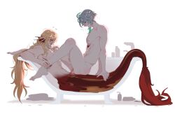 2boys alhaitham_(genshin_impact) bath bathroom bathtub gay genshin_impact ilewdha in_bath interspecies kaveh_(genshin_impact) male merfolk mermaid_tail merman yaoi