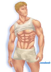 1boy abs attack_on_titan bara biceps big_breasts big_muscles blonde blonde_hair blonde_pubic_hair bottomwear boxers boxers_(clothing) bulge clothing erect_nipples exposed_nipples facial_hair human human_only male male_chest male_focus male_nipples male_only mature mature_male moustache muscle muscles muscular muscular_male nipples oiled_skin oily pecs penis_under_clothes pose posing pubic_hair reiner_braun shingeki_no_kyojin shiny_skin shirt_lift shirt_up simple_background six_pack solo solo_focus solo_male standing topwear underwear underwear_only vansbeab white_background white_boxers white_underwear