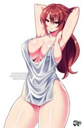 1girls cleavage curvy dress female female_only huge_breasts jadenkaiba maroon_hair red_eyes revealing_clothes school_fight small_dress solo voluptuous yui_rakkuza