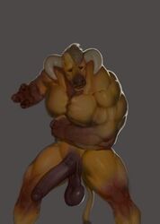 anthro balls bara big_penis bovid bovine cattle furry genitals hi_res humanoid humanoid_genitalia male mammal minotaur muscular muscular_male penis richard_pinkman saggy_balls simple_background solo