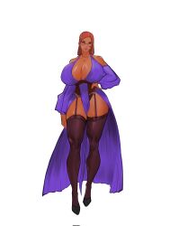 1girls 2d cenobyt clothed clothing dark-skinned_female dark_skin female female_only huge_breasts large_breasts lingerie milf mostly_clothed red_head solo standing stockings tagme