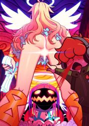 1boy 2girls angel angel_wings aroused_nosebleed ass blood blush brief_(psg) censored freckles giant giantess glowing glowing_wings gun hair_over_eyes halo headphones highres light_censor meme multiple_girls no_panties nosebleed open_mouth orange_hair panty_&_stocking_with_garterbelt panty_(psg) pointing purple_hair souredapple stocking_(psg) thigh_gap two_soyjaks_pointing_(meme) weapon wings