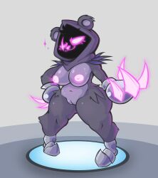 absurd_res anthro bear belly breasts claw_(weapon) claws epic_games feathers female fortnite fur genitals glowing glowing_eyes glowing_nipples hi_res hood mammal melee_weapon nipples nude pinkupinkish purple_body purple_fur pussy raven_team_leader short_stack simple_background slightly_chubby solo thick_thighs weapon