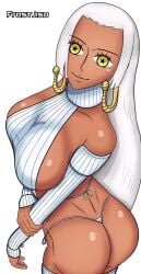 ass big_ass dark-skinned_female dark_skin earrings female female_only frostjisu one_piece s-snake_(one_piece) seraphim_(one_piece) shoulderless_turtleneck snake_earrings star-shaped_pupils white_background white_hair