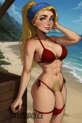 ai_generated bandana barely_contained barely_contained_penis beach bikini blonde_hair blue_eyes flordulce futa_only futanari lindsay_(tdi) ocean outdoors penis pubic_hair red_bikini smile standing total_drama_island