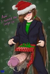 1futa 2022 blue_jacket blue_pants bluebl8d blush breasts brown_hair christmas christmas_present clothed clothing dialogue dick_in_a_box ejaculation english_text fully_clothed futa_only futanari green_shirt handsfree_ejaculation human jacket light-skinned_futanari light_skin long_hair morgan_(bluebl8d) morgan_cassidy non-nude pants penis penis_bulge precum precum_string present purple_eyes santa_hat shirt solo standing text twintails