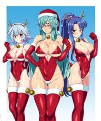 3girls bleach christmas christmas_outfit crossover infinite_stratos large_breasts lindaroze multiple_girls nelliel_tu_odelschwanck sarashiki_tatenashi skimpy_clothes tagme taimanin_(series) taimanin_asagi yatsu_murasaki