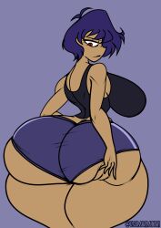 angry_face annoyed_expression big_butt booty_shorts breasts commission dark_skin grabbing_own_ass huge_ass purple_hair small_clothes usamari_atari