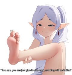 1girls caption elf elf_ears elf_female feet foot_fetish foot_focus frieren maozi_dan smug_face soles solo sousou_no_frieren