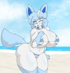 anthro ass big_breasts big_butt bikini blue_body blue_fur blue_tongue breasts celeste_(lewdyblueberry) clothing eeveelution eyewear female female_pokemon fluffy fluffy_tail generation_6_pokemon glasses huge_breasts lewdyblueberry nintendo pokemon pokemon_(species) solo swimwear sylveon tail tongue tongue_out white_body white_eyes white_fur wink