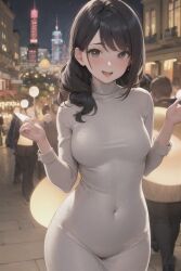 1girls ai_generated black_hair crowd female looking_at_viewer mature_female public see-through skin_tight_clothes stable_diffusion white_dress