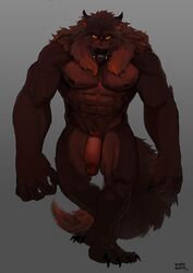 1boy 2016 abs absalom_(kupoklein) anthro artist_name beefy big_hands big_penis body_fur brown_fur canine claws ear_piercing flaccid_penis fluffy_tail foreskin genitals hi_res humanoid_genitalia humanoid_penis intact kupo_klein looking_at_viewer male male_nipples male_only male_pubic_hair mammal masculine mature_male muscles muscular_anthro muscular_male nude_male orange_eyes pecs penis piercing retracted_foreskin simple_background solo uncut vein veiny_penis were werecanine werewolf wolf