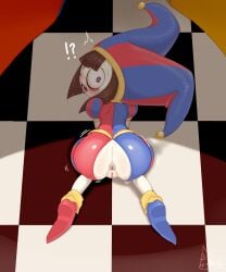 !? blush blush_sticker blush_stickers blushing_at_viewer d: embarrassed embarrassed_female jester jester_cap jester_costume jester_girl jester_hat jester_outfit jiggle jiggling_ass looking_at_viewer looking_back on_all_fours on_floor on_ground on_knees pomni_(the_amazing_digital_circus) ripped_bodysuit ripped_pants ripped_shorts sake_kemosalmon shock shocked shocked_expression shocked_face shocking sweat sweatdrop sweating sweaty_butt the_amazing_digital_circus