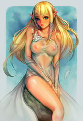 1girls blonde_female blonde_hair hylian large_breasts long_hair nintendo nipples_visible_through_clothing pointy_ears princess_zelda see-through_clothing skyward_sword solo the_legend_of_zelda transparent_clothing vlankt zelda_(skyward_sword)