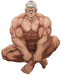 balls bara beard blush crossed_legs facial_hair final_fantasy final_fantasy_xiv flaccid glasses human human_only male male_only muscles muscular nude penis roegadyn sitting solo solo_male wasp_(artist)