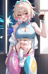 1futa abs ai_generated ball_bulge balls balls_under_clothes blue_eyes boob_window breasts camy cleavage cleavage_cutout cyan erection fit fit_futanari futa_only futanari hair_bow long_hair looking_at_viewer magenta multicolored_hair navel penis ponytail redbisycle smile sports_bra yellow yoga_pants