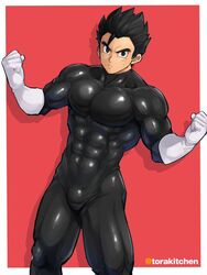 1boy abs black_hair bulge dragon_ball dragon_ball_z male male_only muscular skin_tight solo son_gohan spandex torakichi_(ebitendon) yaoi