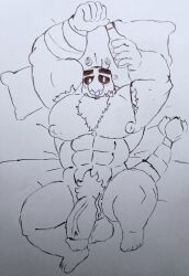 1boy anthro bara bara_tiddies bara_tits beer big_breasts big_muscles big_nipples big_pecs bottle brawl_stars cocokun! drunk hank_(brawl_stars) hard_cock laying_on_bed male_breasts male_only shrimp