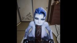 big_breasts big_penis blowjob blue_hair breasts cum cum_in_mouth dark-skinned_male dark_skin deepthroat gloves interracial jpbtos overwatch raptoraudiosfx tagme video widowmaker