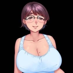 bare_shoulders big_eyebrows big_lips black_background brown_hair female female_focus female_only game_cg glasses half-closed_eyes huge_breasts kagachi-sama_o_nagusame_matsurimasu_netorare-mura_midarayoru_hanashi looking_at_viewer mature mature_female minamoto mole mole_on_breast mole_under_eye orcsoft short_hair smile smiling smiling_at_viewer tank_top