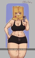 @noctam_ abs big_breasts boxy_(fortnite) female_focus fortnite fortnite:_battle_royale muscles muscular_female phone selfie snapchat solo_female spanish_text sports_bra sportswear sweat sweating tomboy