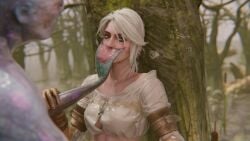 3d against_tree breasts ciri drowner female fishman green_eyes hand_over_another's_mouth handgag imminent_rape imminent_sex monster tagme the_witcher_(series) the_witcher_3:_wild_hunt transparent_clothing wet wet_body wgqhs white_hair