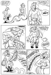 2023 anthro apode ball_fondling balls becoming_erect big_penis black_and_white clothed clothing comic dialogue draconcopode duo english_text equid equine female fondling furgonomics genital_growth genitals growth gustav_(here_there_be_dragons) here_there_be_dragons horse huge_cock hyper hyper_genitalia hyper_penis karno laugh legless magic male male/female mammal monochrome naga oracle_ruzuya pain partially_clothed penis penis_growth pussy reptile scalie serpentine simple_background snake tail text